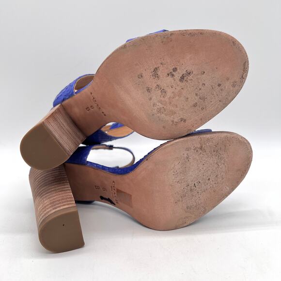 COACH Lexey Snake Embossed Leather Sandals 6 Cobalt Blue Stacked Block Heel - Picture 9 of 11